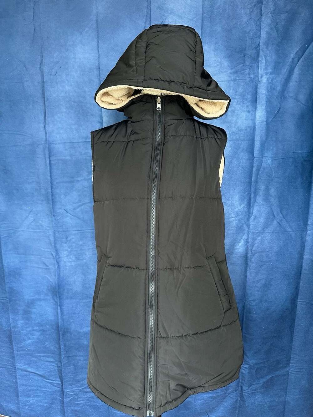 Reversible Long Hooded Puffer Vest with Sherpa Fleece Lining and Zip Front